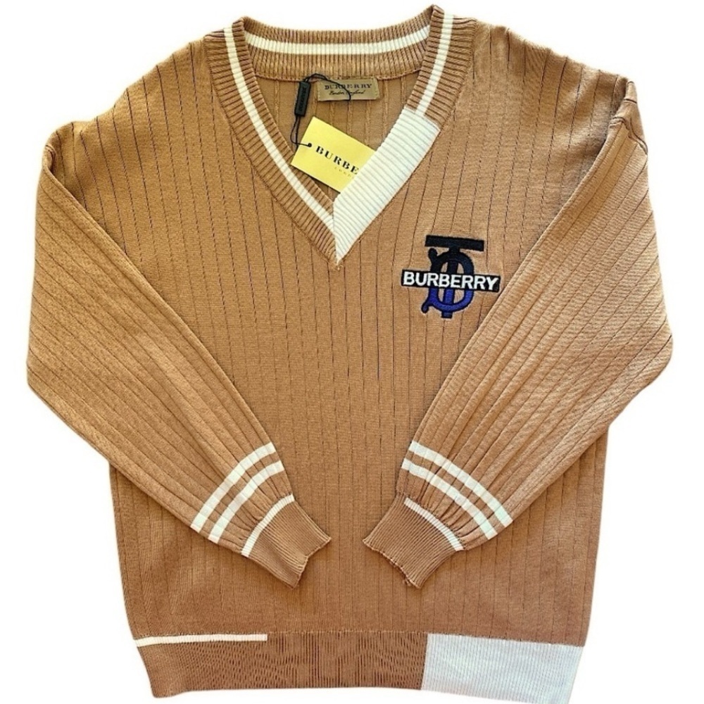 Burberry Pullover V-Neck Cardigan XL Caramel Brown/White Quiet Luxury NWT